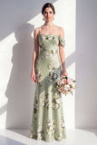 Sage Green Mermaid Floral Asymmetrical Neck Long Bridesmaid Dress