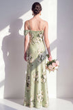 Sage Green Mermaid Floral Asymmetrical Neck Long Bridesmaid Dress