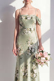 Sage Green Mermaid Floral Asymmetrical Neck Long Bridesmaid Dress