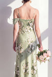 Sage Green Mermaid Floral Asymmetrical Neck Long Bridesmaid Dress