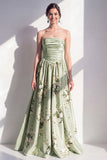 Strapless Sage Green A-Line Floral Ruched Long Bridesmaid Dress