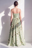 Strapless Sage Green A-Line Floral Ruched Long Bridesmaid Dress