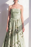 Strapless Sage Green A-Line Floral Ruched Long Bridesmaid Dress