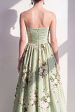 Strapless Sage Green A-Line Floral Ruched Long Bridesmaid Dress
