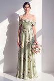 Off the Shoulder Sage Green Floral A-Line Long Bridesmaid Dress