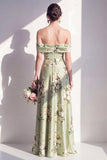 Off the Shoulder Sage Green Floral A-Line Long Bridesmaid Dress