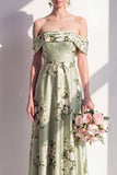 Off the Shoulder Sage Green Floral A-Line Long Bridesmaid Dress