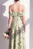 Off the Shoulder Sage Green Floral A-Line Long Bridesmaid Dress