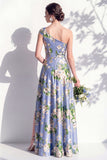 One Shoulder Blue Floral A Line Bridesmaid Dress with Slit