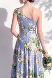 One Shoulder Blue Floral A Line Bridesmaid Dress with Slit