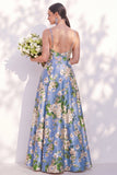 Blue Floral Spaghetti Straps A Line Bridesmaid Dress