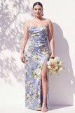 Strapless Blue Floral Ruched Sheath Bridesmaid Dress with Slit