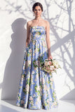 Strapless Blue Floral A Line Bridesmaid Dress