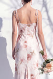 Ivory Red Floral Spaghetti Straps Sheath Bridesmaid Dress with Slit