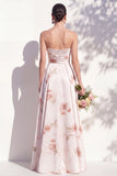 Strapless Ivory Red Floral A Line Bridesmaid Dress