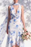Green Floral Mermaid V Neck Bridesmaid Dress with Scarf