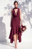 Green Floral Asymmetrical V Neck Midi Bridesmaid Dress with a Neck Scarf