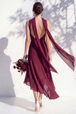 Green Floral Asymmetrical V Neck Midi Bridesmaid Dress with a Neck Scarf