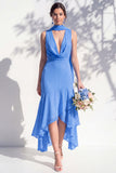 Green Floral Asymmetrical V Neck Midi Bridesmaid Dress with a Neck Scarf