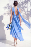 Green Floral Asymmetrical V Neck Midi Bridesmaid Dress with a Neck Scarf