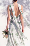 Green Floral Mermaid V Neck Bridesmaid Dress with Scarf