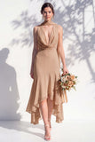Green Floral Asymmetrical V Neck Midi Bridesmaid Dress with a Neck Scarf