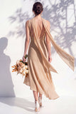 Green Floral Asymmetrical V Neck Midi Bridesmaid Dress with a Neck Scarf