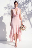 Green Floral Asymmetrical V Neck Midi Bridesmaid Dress with a Neck Scarf