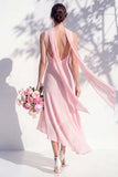 Green Floral Asymmetrical V Neck Midi Bridesmaid Dress with a Neck Scarf