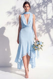 Green Floral Asymmetrical V Neck Midi Bridesmaid Dress with a Neck Scarf