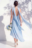Green Floral Asymmetrical V Neck Midi Bridesmaid Dress with a Neck Scarf