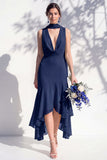 Green Floral Asymmetrical V Neck Midi Bridesmaid Dress with a Neck Scarf