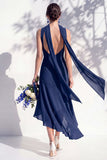 Green Floral Asymmetrical V Neck Midi Bridesmaid Dress with a Neck Scarf