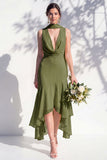 Green Floral Asymmetrical V Neck Midi Bridesmaid Dress with a Neck Scarf