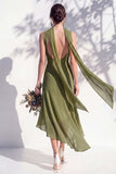 Green Floral Asymmetrical V Neck Midi Bridesmaid Dress with a Neck Scarf