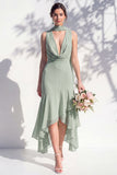 Green Floral Asymmetrical V Neck Midi Bridesmaid Dress with a Neck Scarf