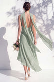 Green Floral Asymmetrical V Neck Midi Bridesmaid Dress with a Neck Scarf