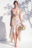 Green Floral Asymmetrical V Neck Midi Bridesmaid Dress with a Neck Scarf