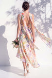 Green Floral Asymmetrical V Neck Midi Bridesmaid Dress with a Neck Scarf