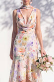 Green Floral Asymmetrical V Neck Midi Bridesmaid Dress with a Neck Scarf