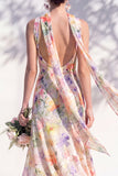 Green Floral Asymmetrical V Neck Midi Bridesmaid Dress with a Neck Scarf