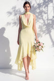 Green Floral Asymmetrical V Neck Midi Bridesmaid Dress with a Neck Scarf
