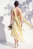 Green Floral Asymmetrical V Neck Midi Bridesmaid Dress with a Neck Scarf