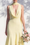 Green Floral Asymmetrical V Neck Midi Bridesmaid Dress with a Neck Scarf