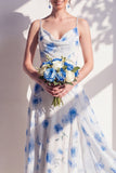Green Floral A Line Cowl Neck Bridesmaid Dress