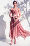 Blue A Line Floral Cowl Neck Long Chiffon Bridesmaid Dress