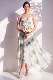 Green Floral A Line Cowl Neck Bridesmaid Dress