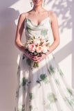 Green Floral A Line Cowl Neck Bridesmaid Dress