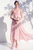 Blue A Line Floral Cowl Neck Long Chiffon Bridesmaid Dress