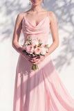 Blue A Line Floral Cowl Neck Long Chiffon Bridesmaid Dress
